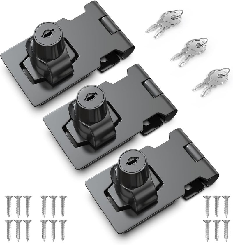 I-EASYDWW 2.5 Inch Keyed Hasp Lock for Cabinets & Small Doors, Twist Knob Design, Heavy Duty Zinc Alloy with Chrome-Plated Iron, Includes Keys & Screws - Black, 3 Pack - Image 1